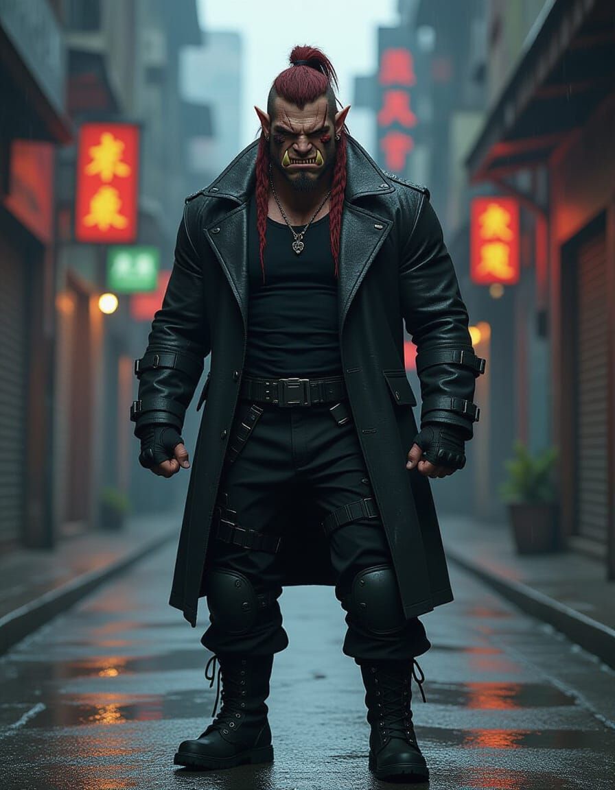 Cyberpunk Orc-Runner in Rain-Soaked Alley