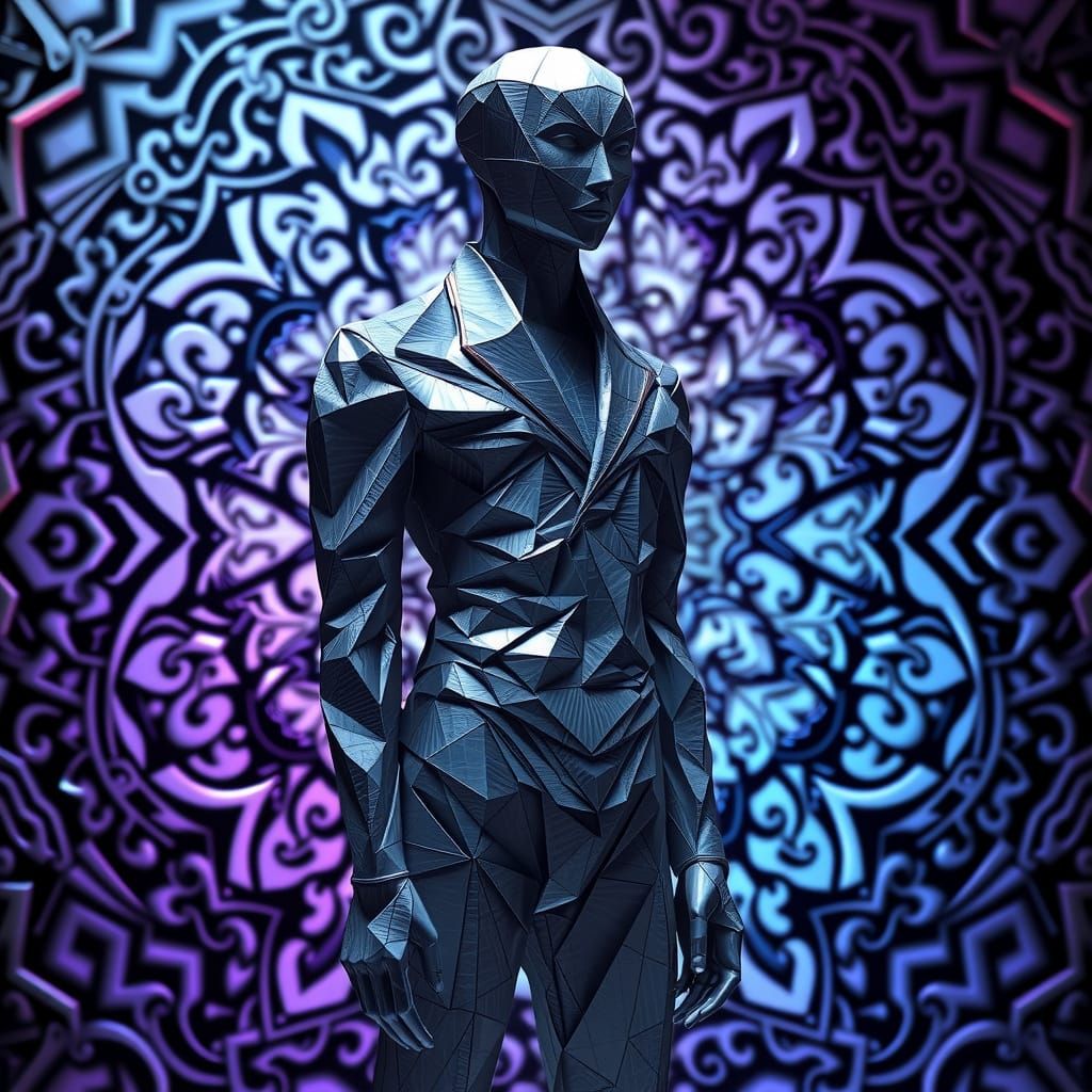 Iridescent Origami Mannequin with Intricate Geometric Detail...