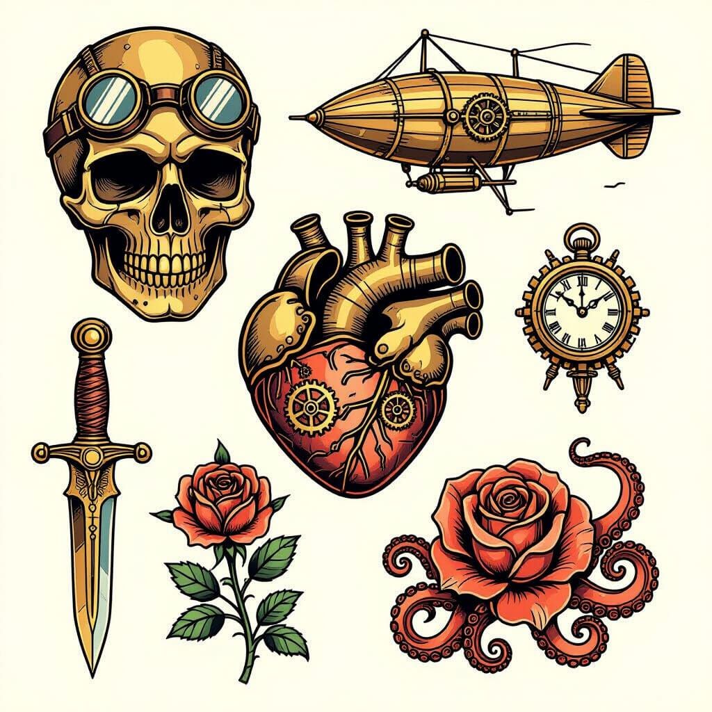 Steampunk Tattoo Flash Sheet with Brass and Copper Details