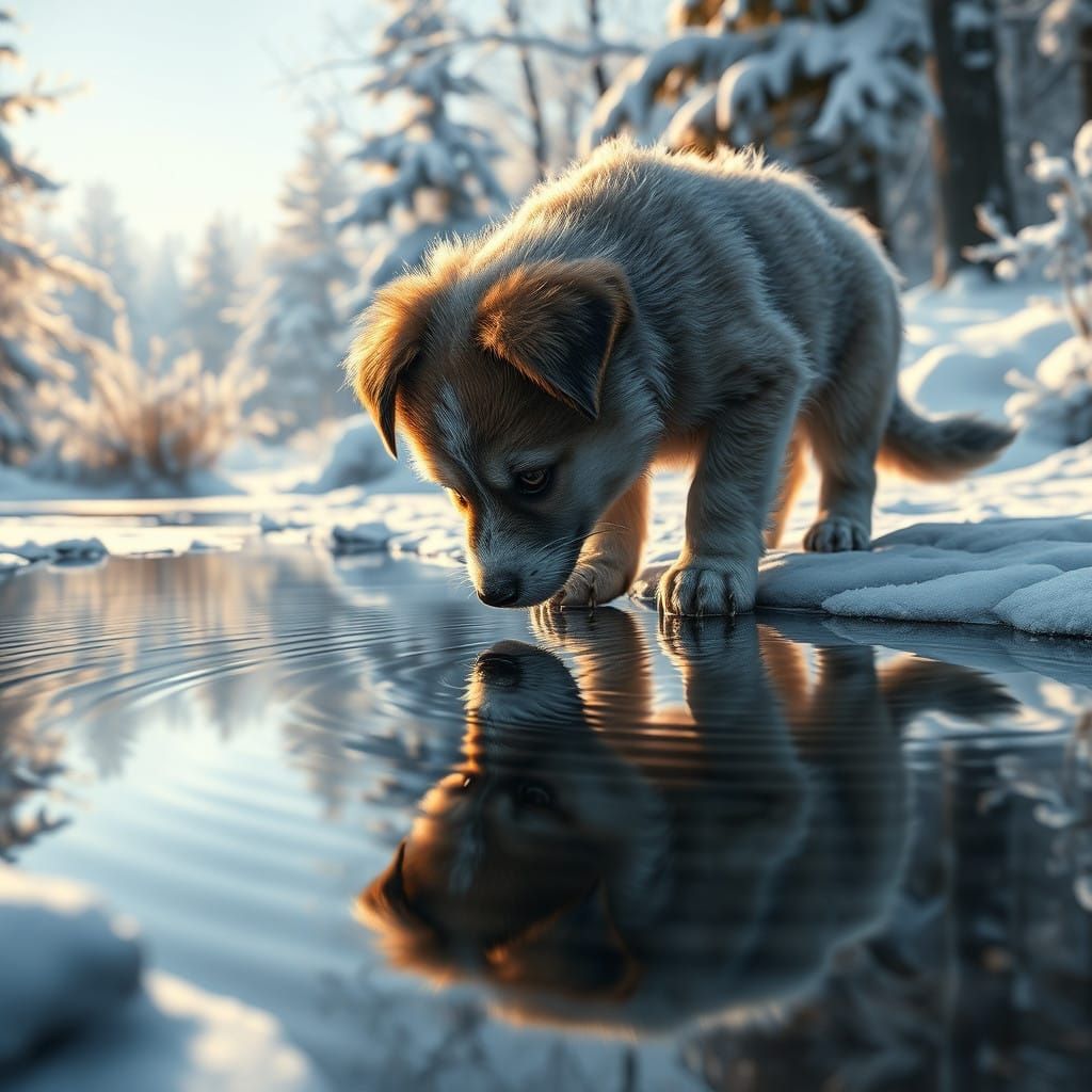 Winter Wonderland Puppy Reflects in Icy Pond