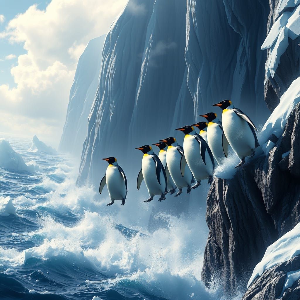 Majestic Penguins Leap from Icy Cliff into Turbulent Ocean
