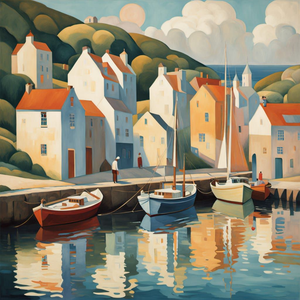 Serene Cornish Fishing Village in Art Deco Style