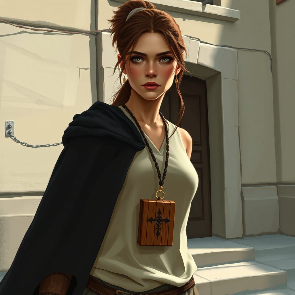 Woman with Amulet Opens Hidden Door