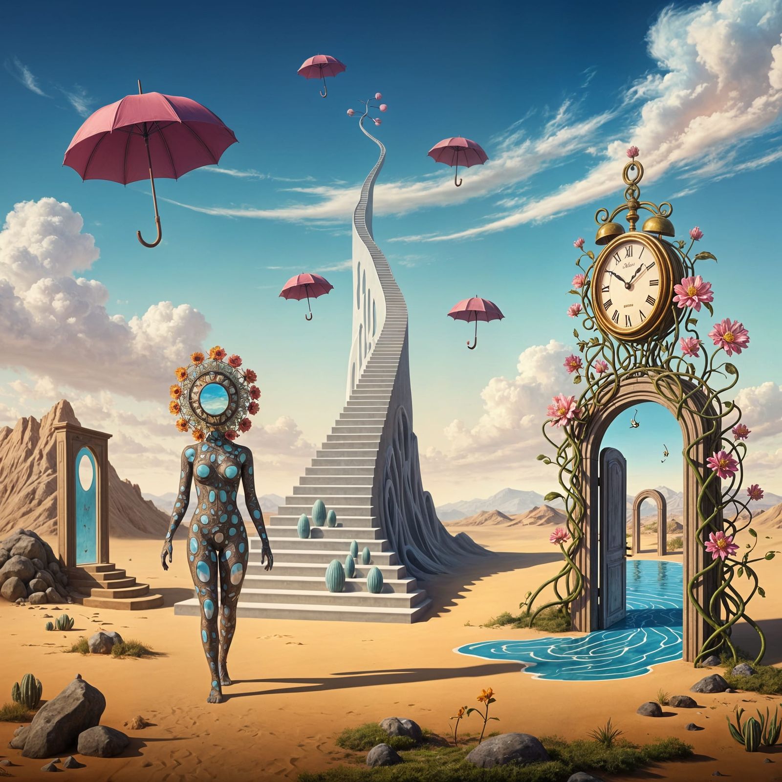 Surreal Desert Landscape with Melting Staircases