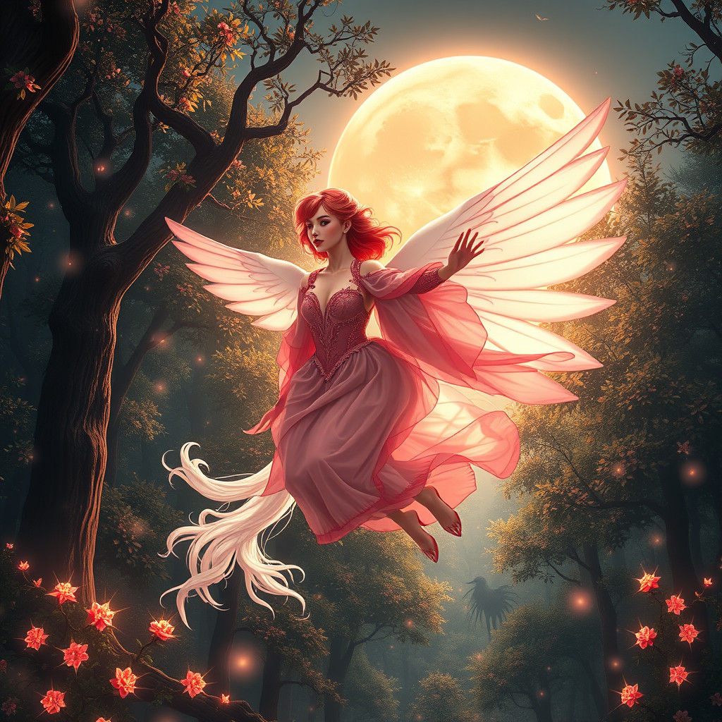 Red-Haired Fairy Over Enchanted Forest, Matte Painting