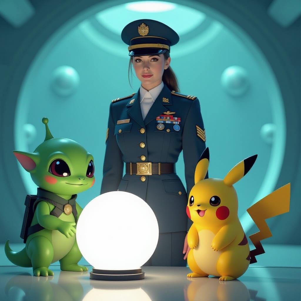 Soldier Negotiates with Alien for Pikachu in Sci-Fi Art