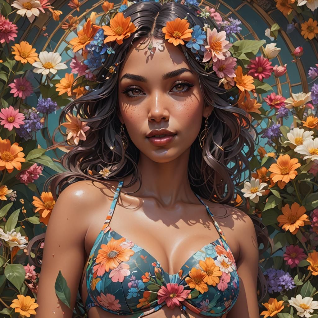 Floral Bikini Portrait in Hyperdetailed Art Nouveau Style