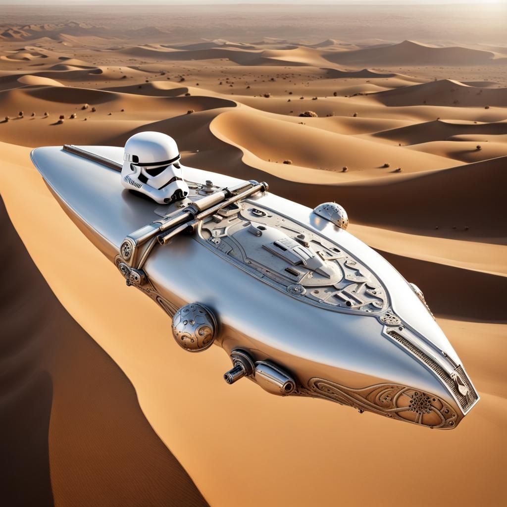 Steampunk Transport Over Desert with Stormtrooper