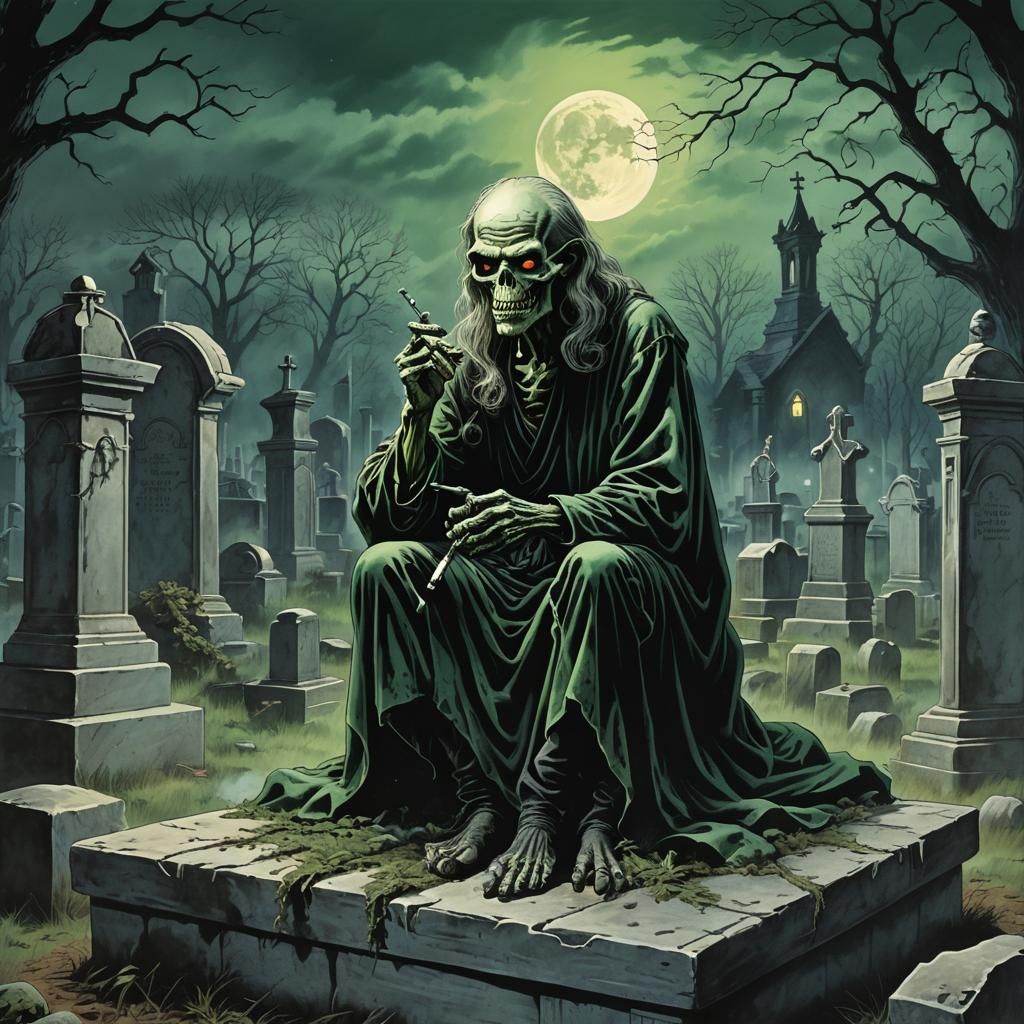 Crypt Keeper Smoking in Graveyard, Comic Book Art