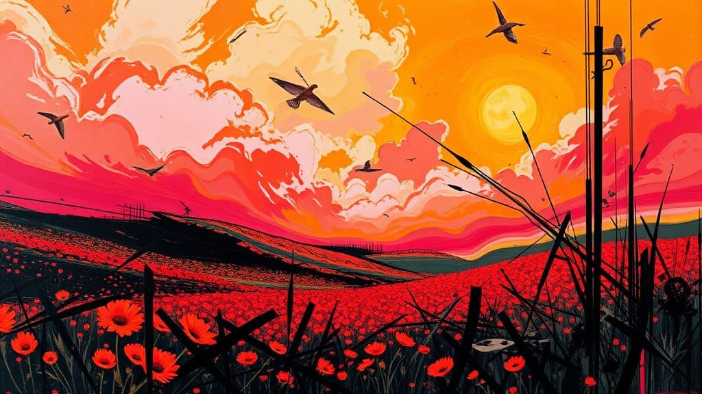 Expressionist Landscape in Vibrant Swirly Hues with Geometri...