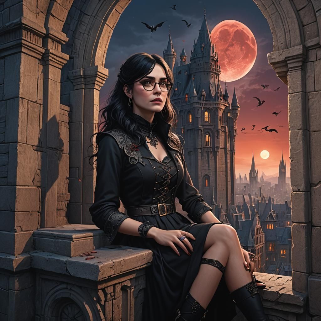 Gothic Woman in Tower, Blood Moon Lit