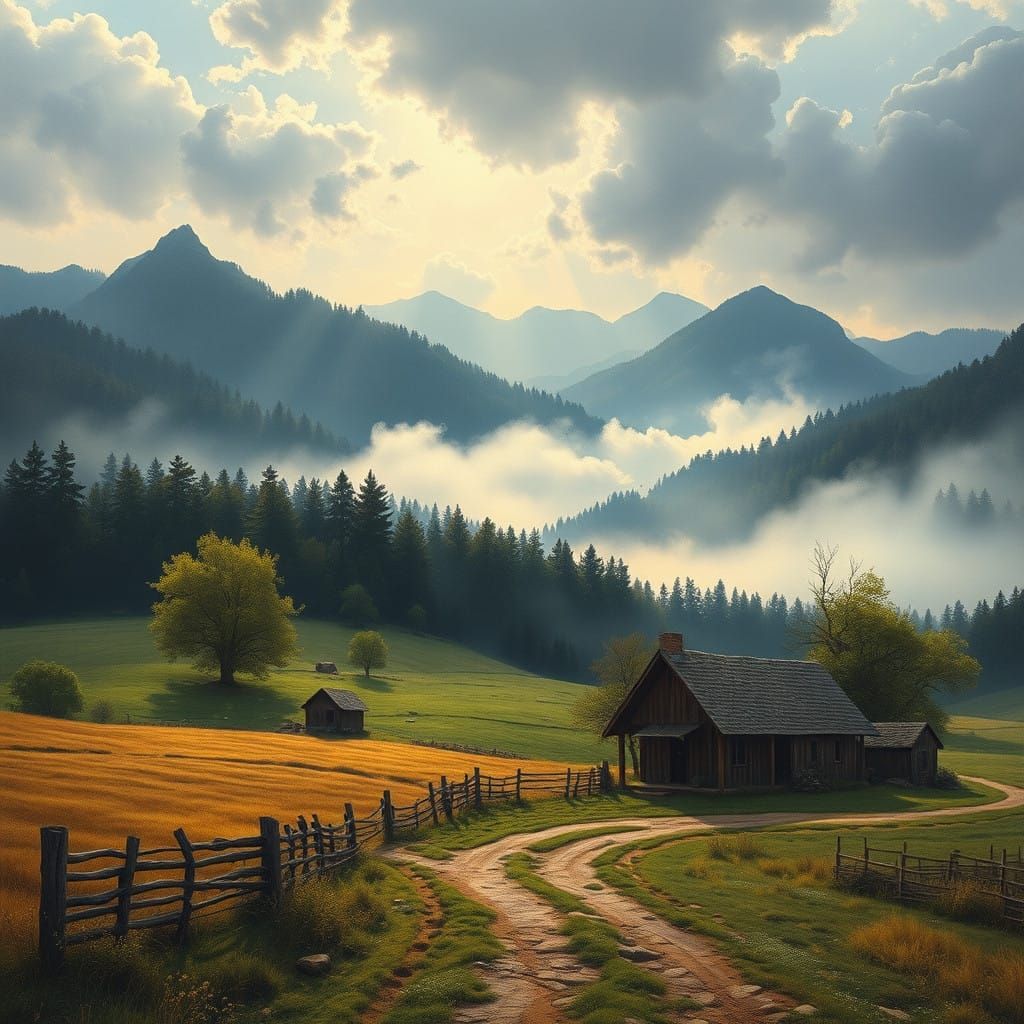 Golden Light Awakens Renaissance Farmhouse Scene in Folk Art...