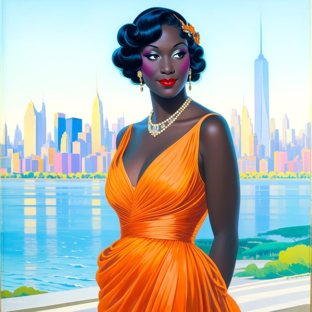 Art Nouveau Cityscape with Elegant Woman in 1920s Gown