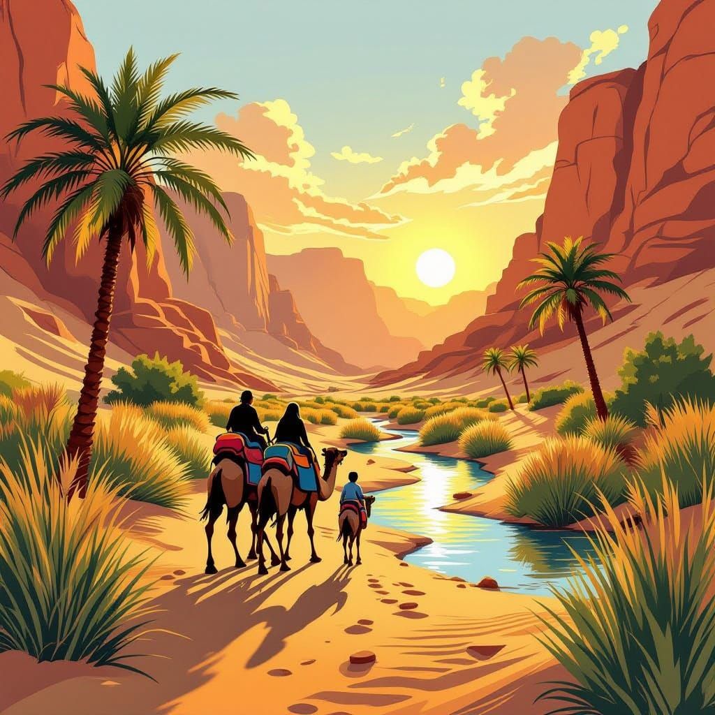 Camel Family Walks Through Wadi at Sunset in Comic Style