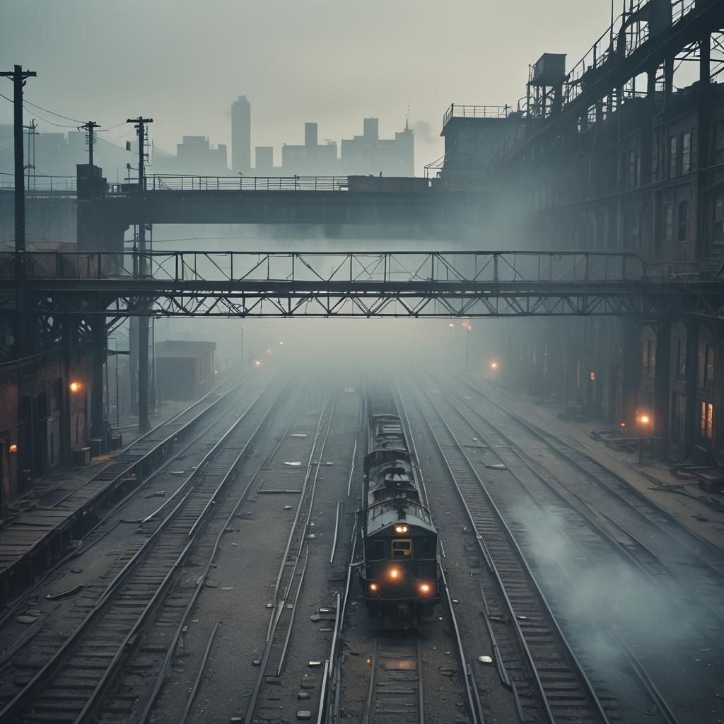 Fog-Shrouded 1880s Rail Yard in Cinematic Style