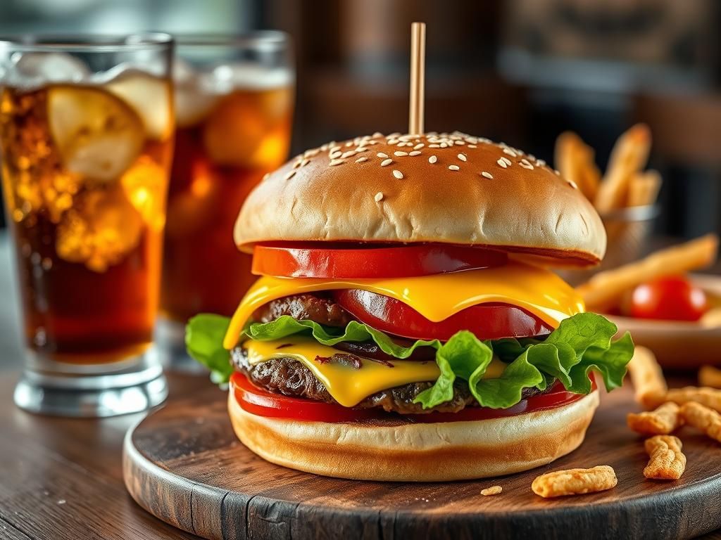 Delicious Hamburger with Soda, Macro Photography