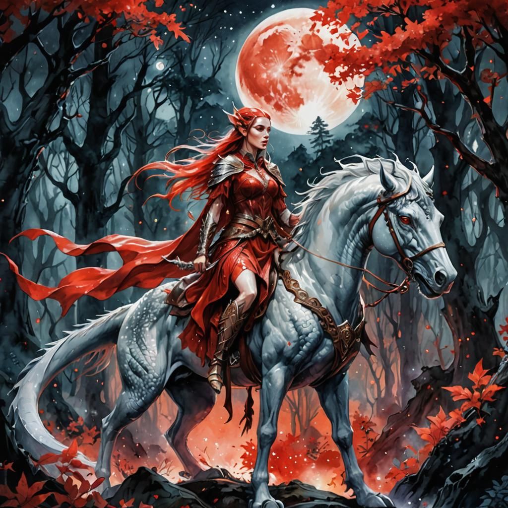 A Beautiful Elf Warrior Riding On A Mythical Dragon-Horse Hy...