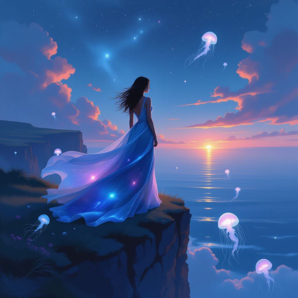 Celestial Woman Overlooking Starlit Ocean