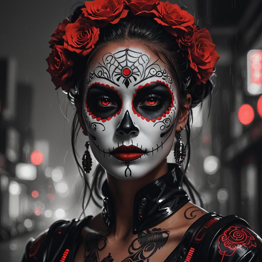 Cyberpunk Woman with Día de los Muertos Face Paint