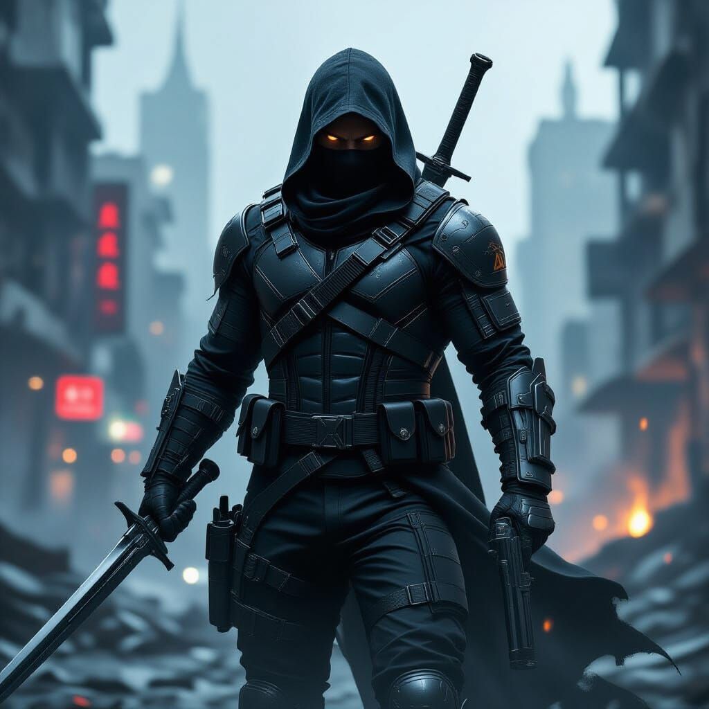 Gritty Sci-Fi Assassin in War-Torn Cityscape