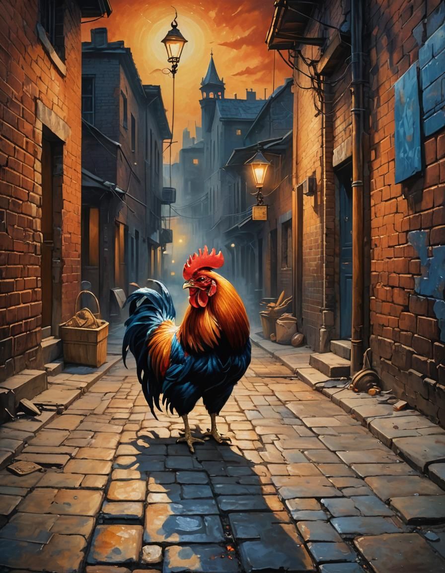 Fiery Rooster in Surrealist Oil Painting