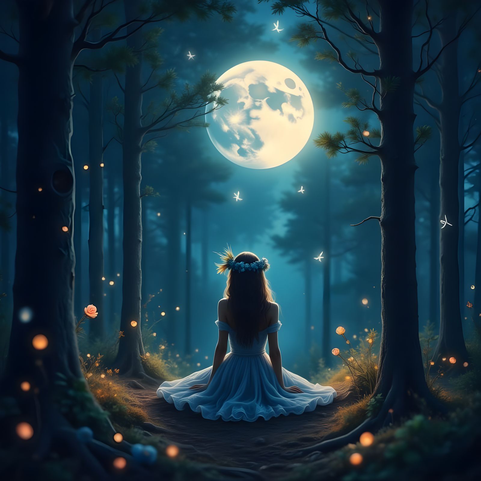 Whimsical Moonlit Forest Scene in Hand-Drawn Style