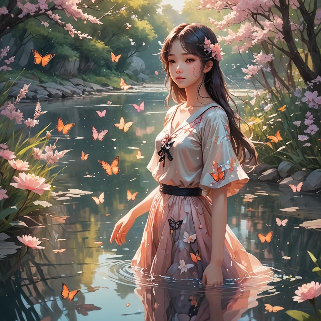 Anime Girl by River with Butterflies in Soft Light