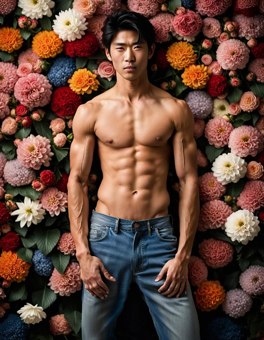 Muscular Man in Floral Setting: Realistic Portrait