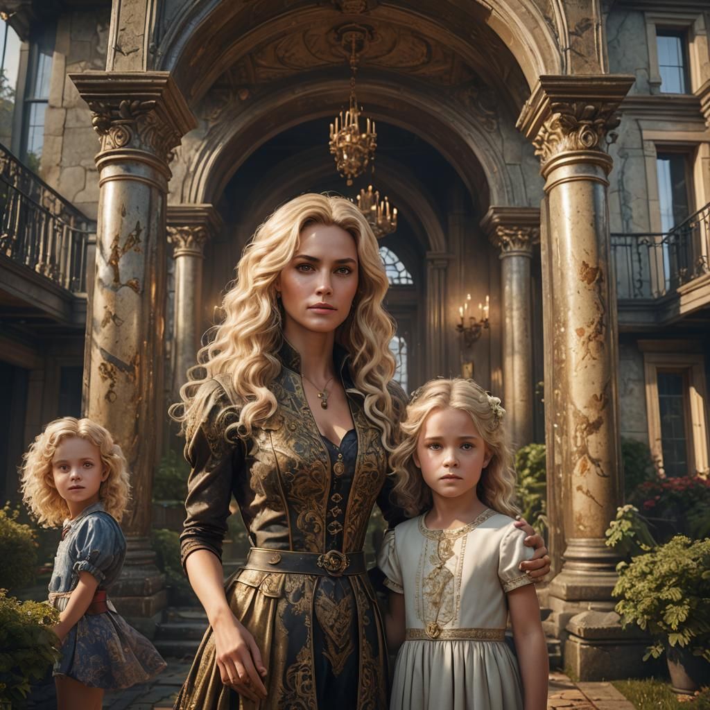 Mother and Children in Mansion: Fantasy Concept Art