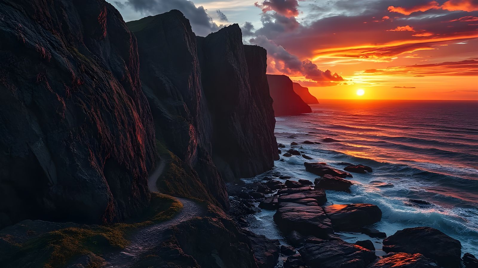 Fiery Sunset Over Jagged Sea Cliffs