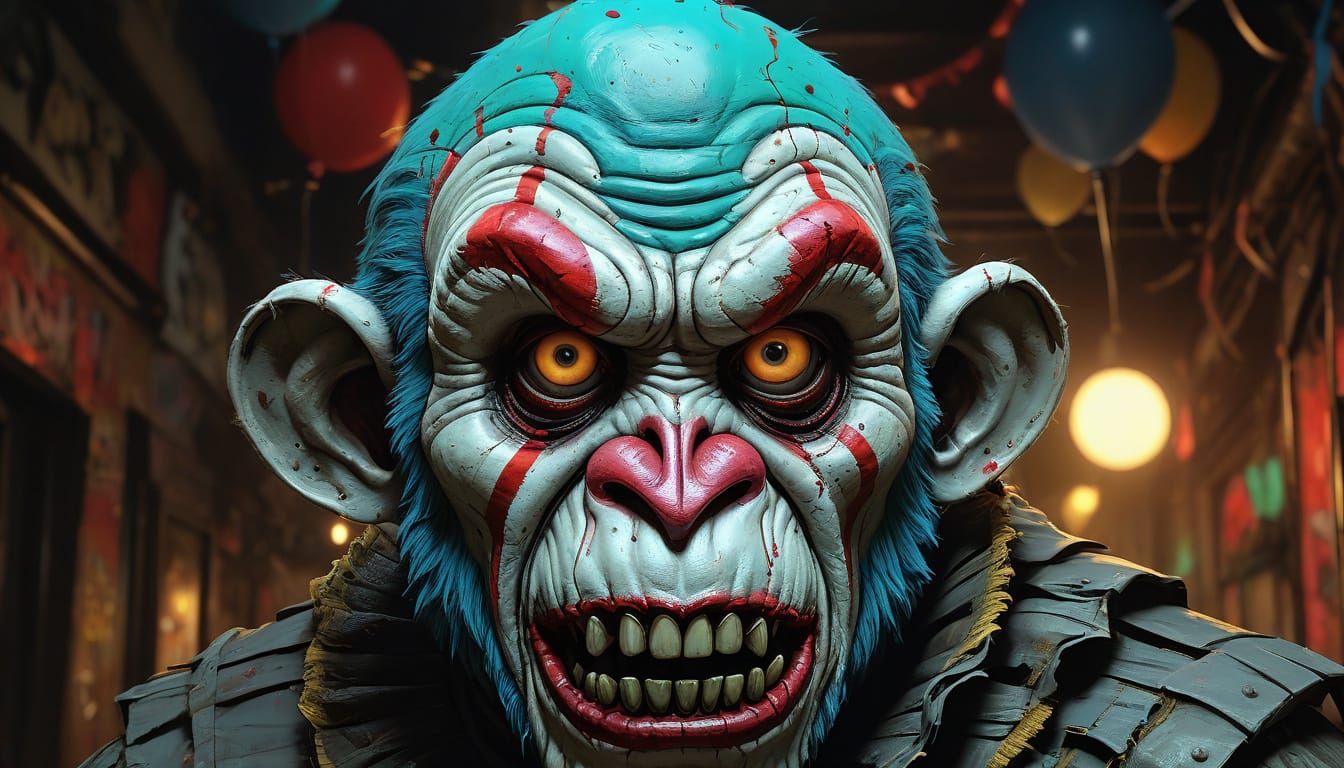 Dark Zombie Monkey Monster Clown Heads in Eerie Tomb