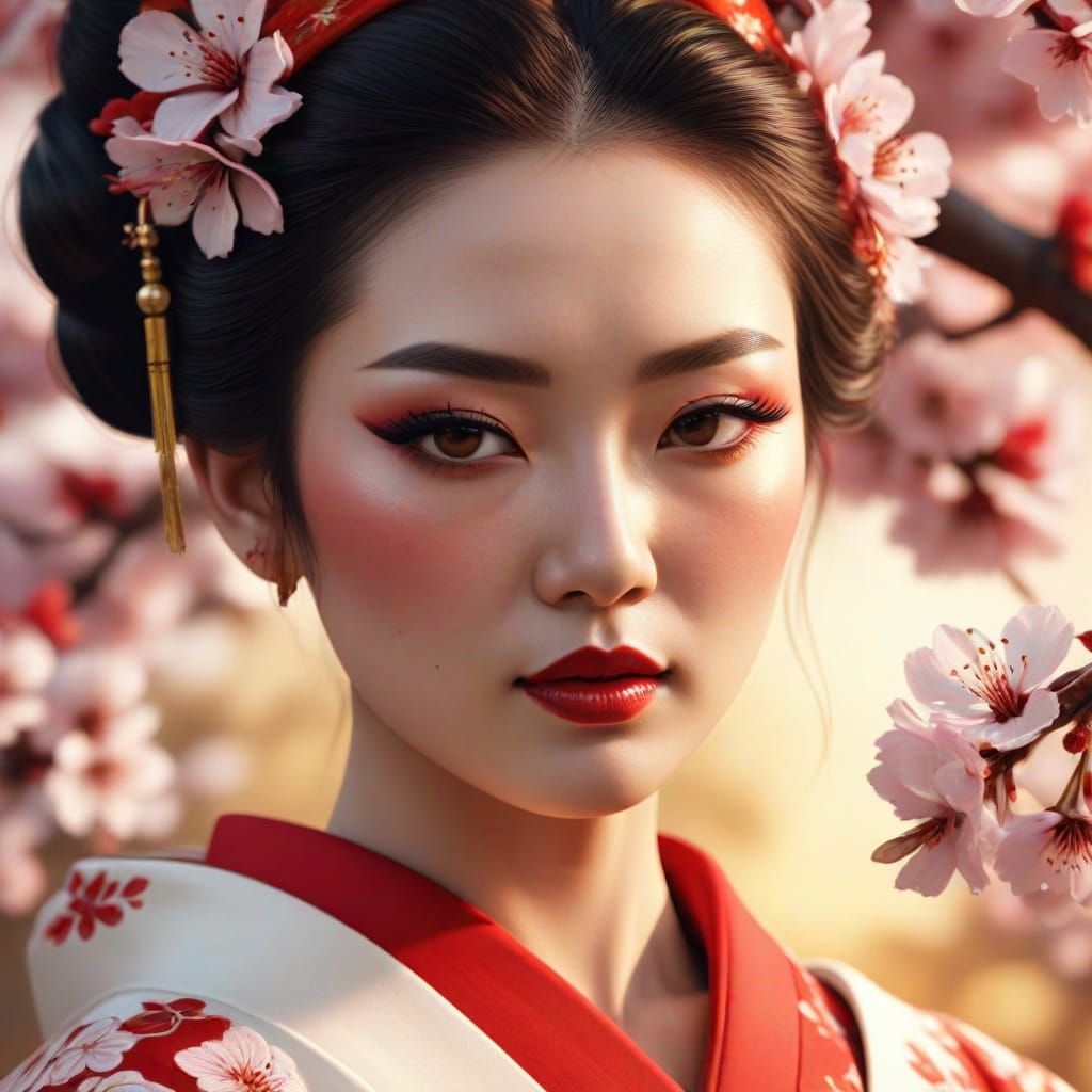 Beautiful Geisha Portrait with Cherry Blossoms