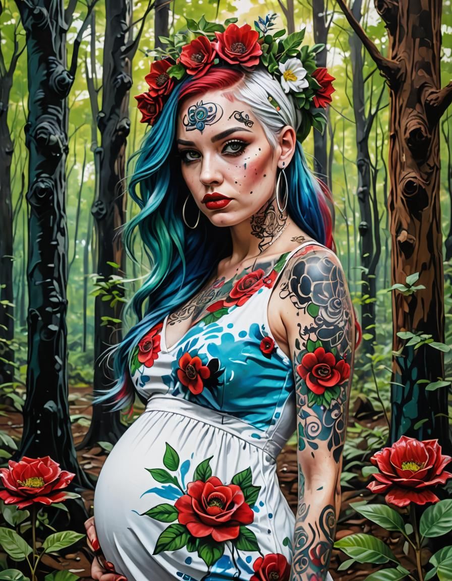 Colorful Graffiti Art of Pregnant Woman in Forest