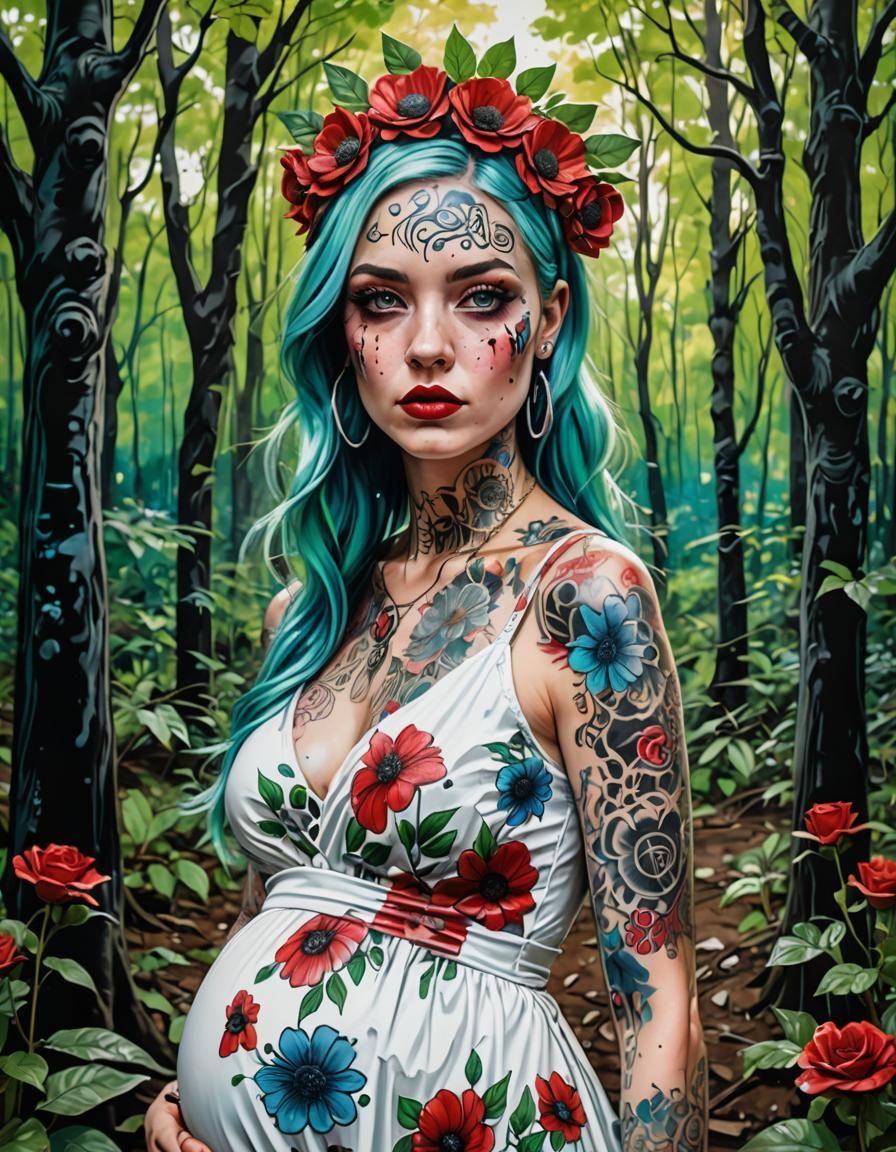 Colorful Pregnant Woman in Forest: Graffiti Art