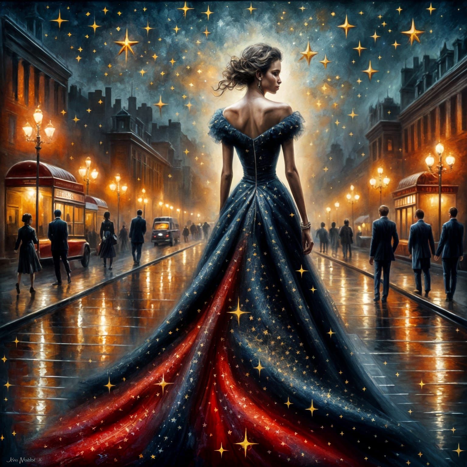 Starry Gown at the Met Gala: Textured Oil Painting
