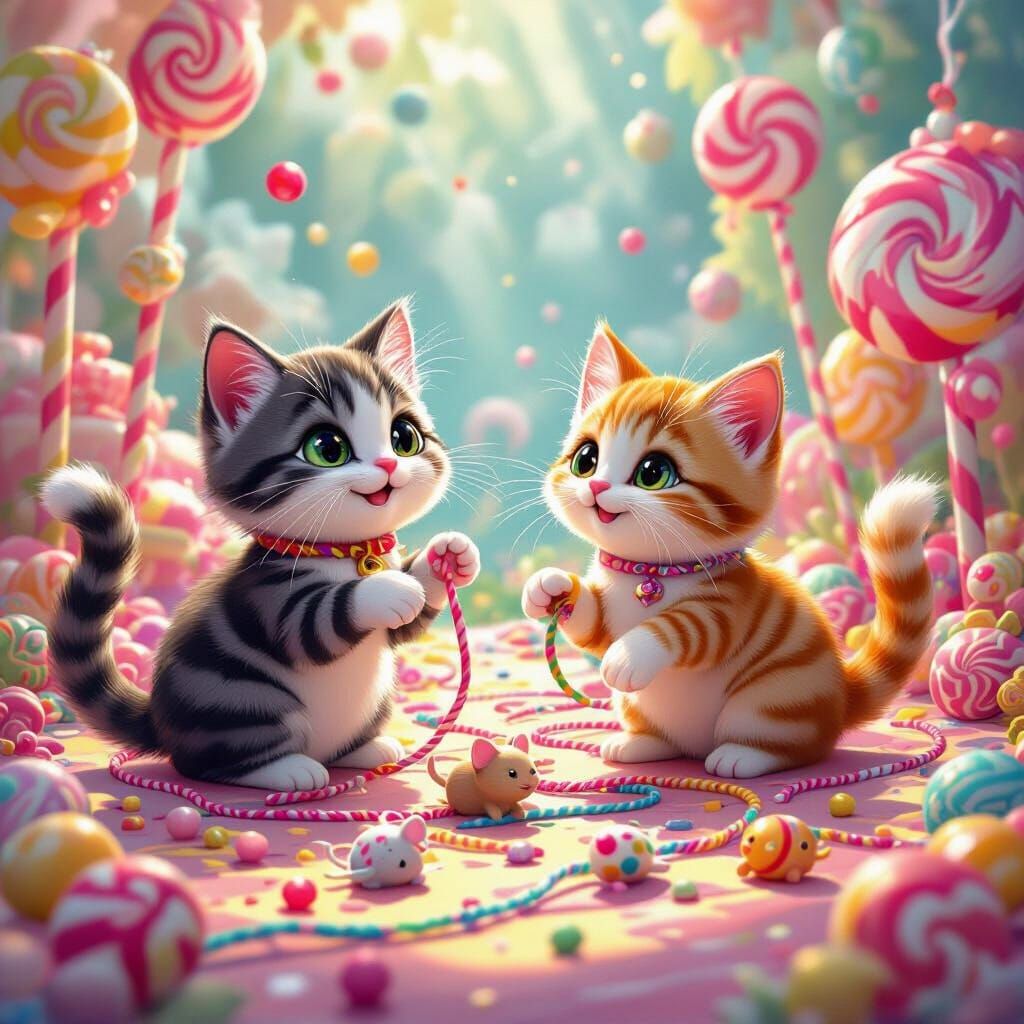 Happy Cats Play in a Whimsical Candyland World