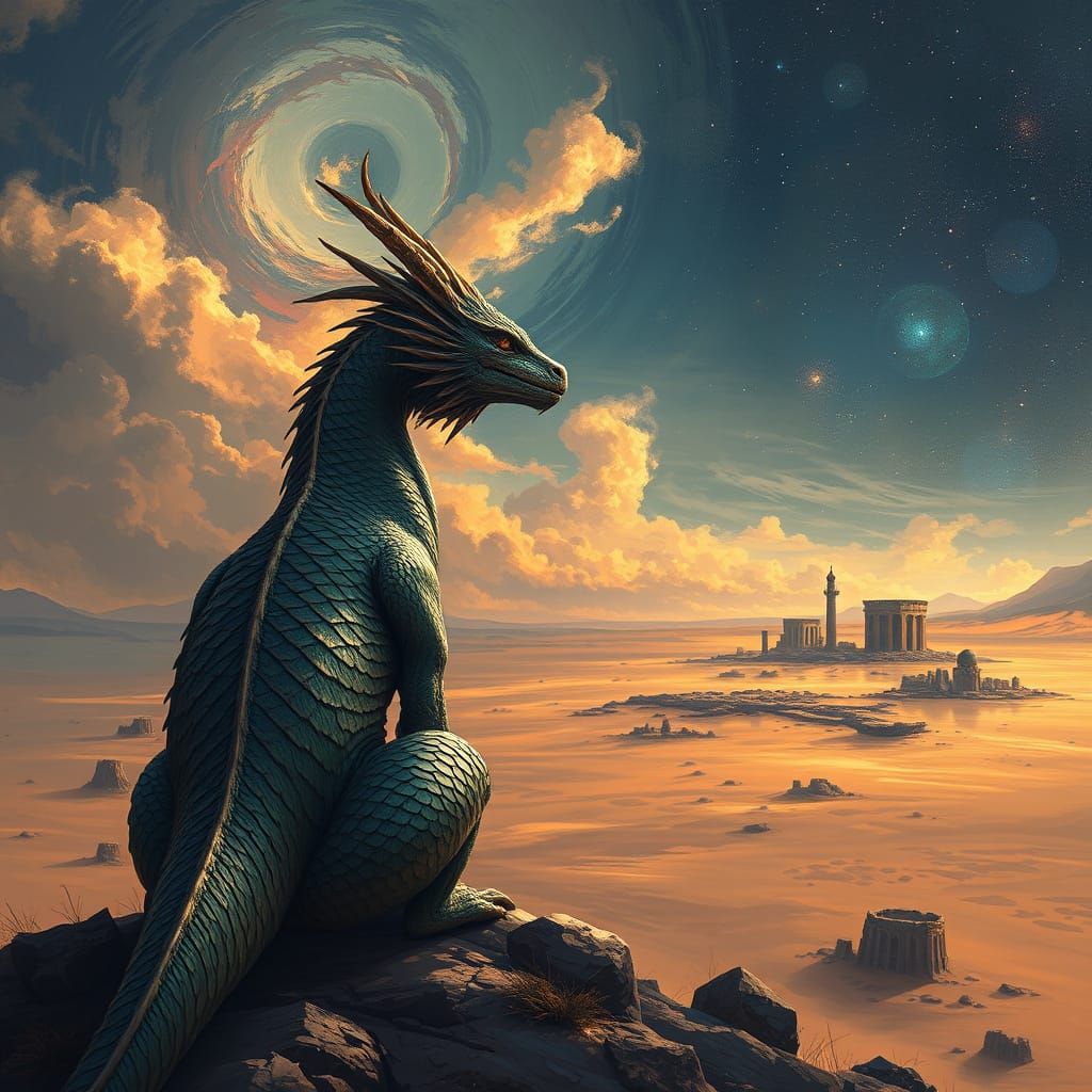 Majestic Dragon Over Desolate Plateau in Cosmic Fantasy Styl...
