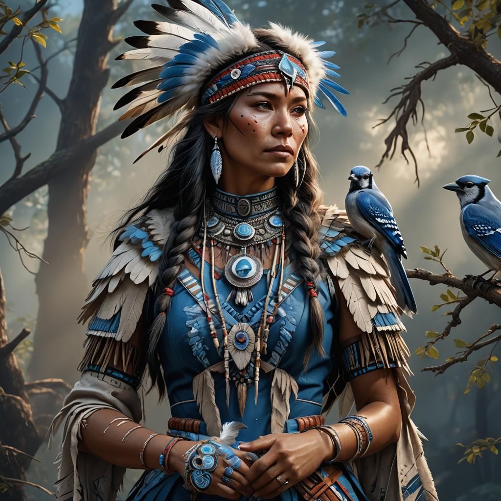 Native American Woman with Blue Jay: Hyperrealistic Portrait