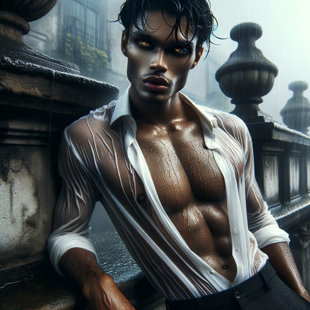 Gothic Vampire Man Kay in Rain-Soaked Scene