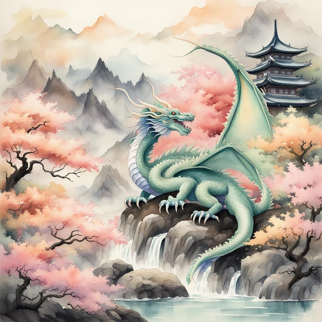 Pastel Dragon in Japanese Watercolor Landscape