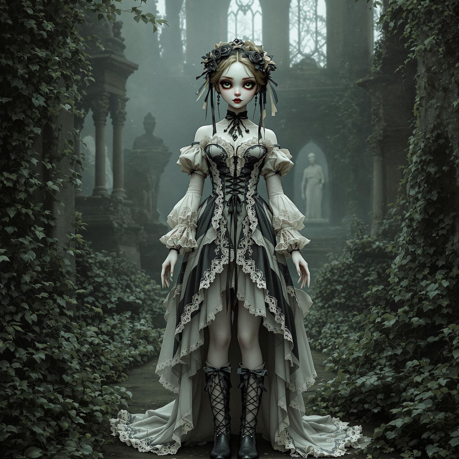 Ethereal Gothic Doll in a Desolate Garden