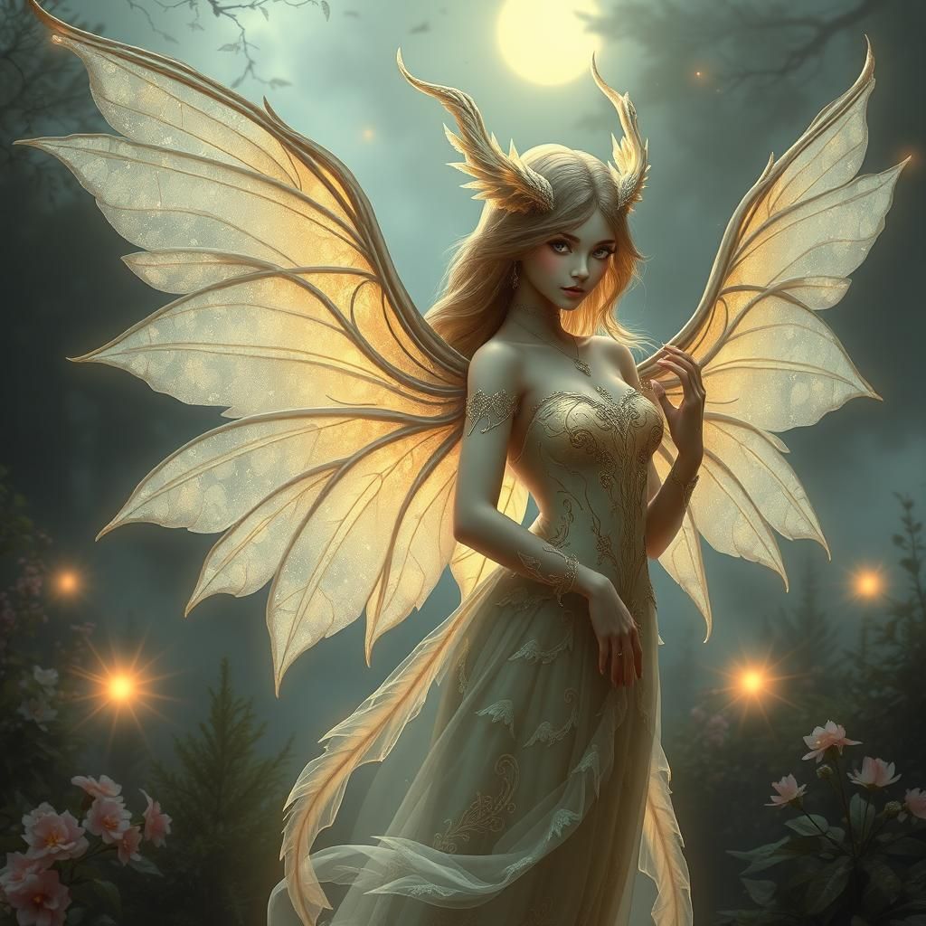 Mystical Human-Moth Hybrid in Ethereal Moonlit Garden