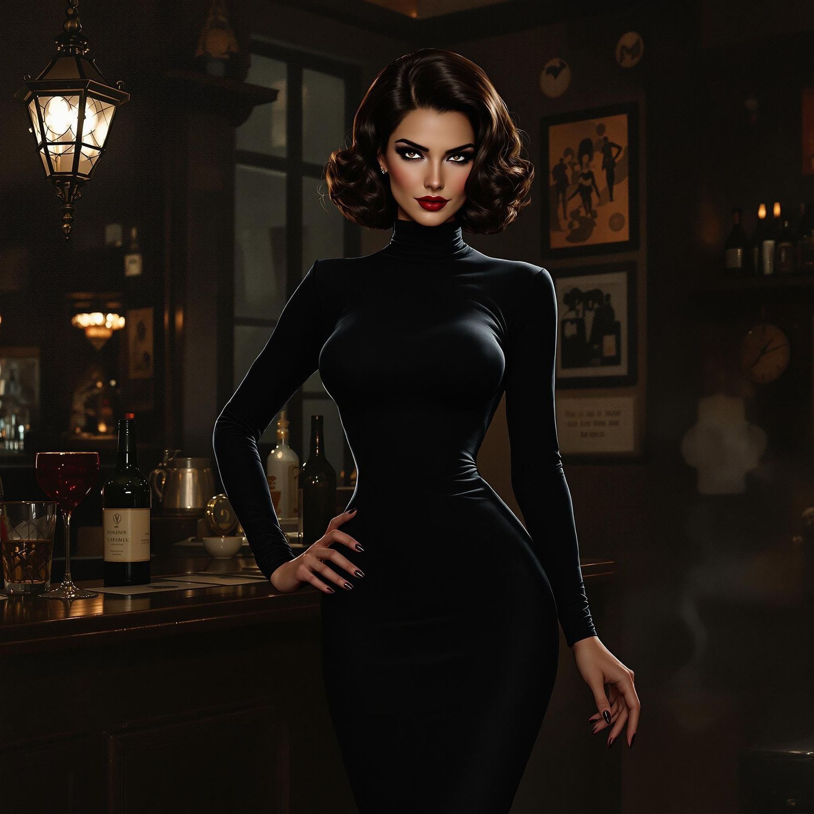 Sultry Femme Fatale in Noir-Inspired Bar Scene