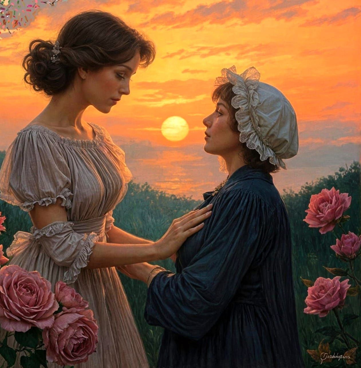 Caregiver in Rosy Sunset: Painterly Illustration