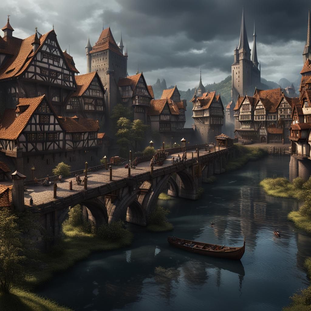 Dark Fantasy Medieval Port City on River
