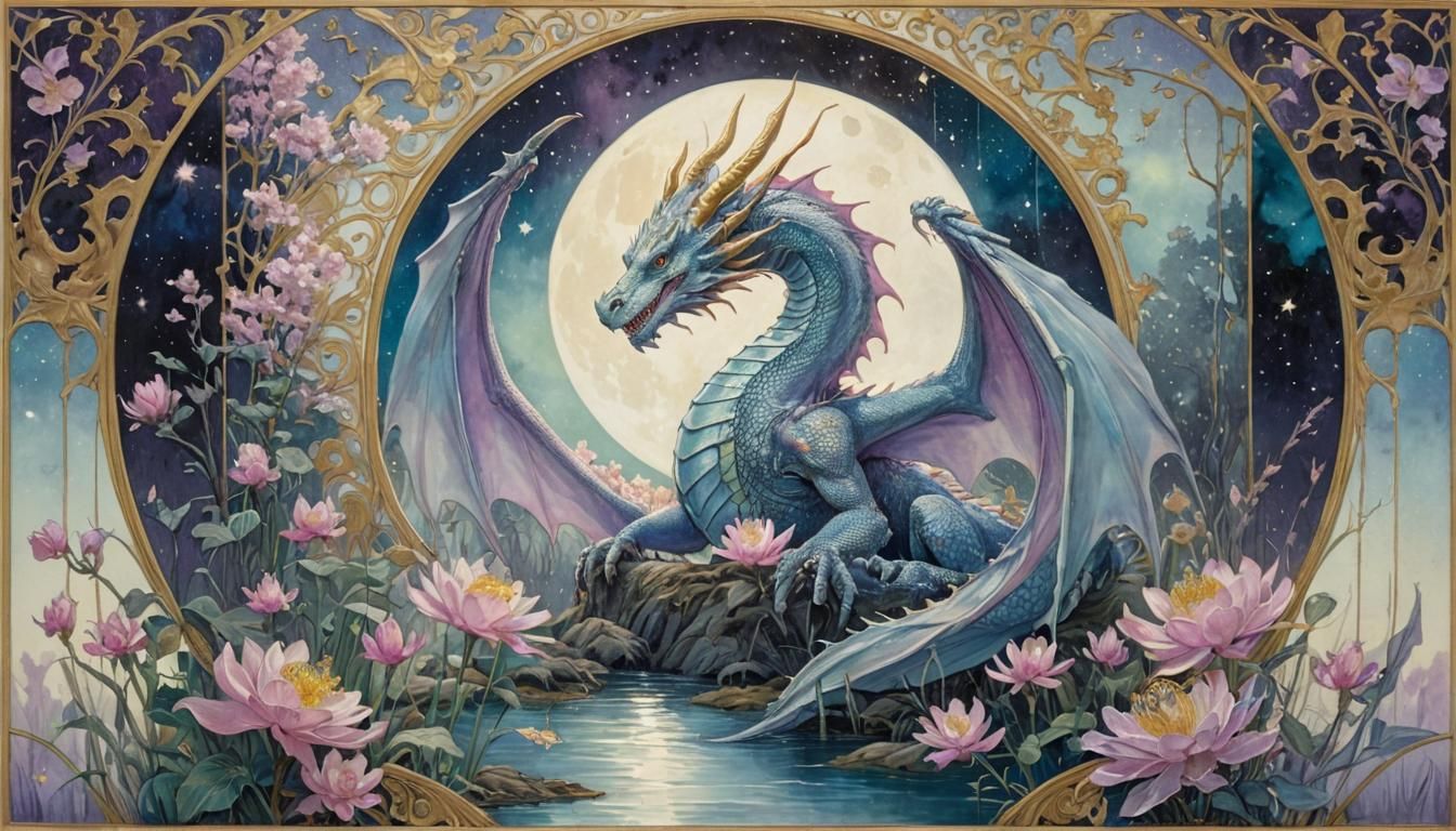 Art Nouveau Dragon with Gold Wings