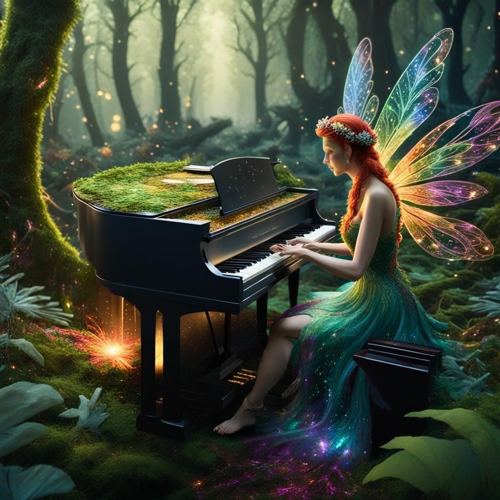 Fairy Plays Piano in Forest, Digital Art