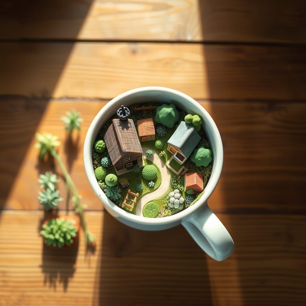 Farm Landscape Inside Coffee Cup: Whimsical Flat-Lay