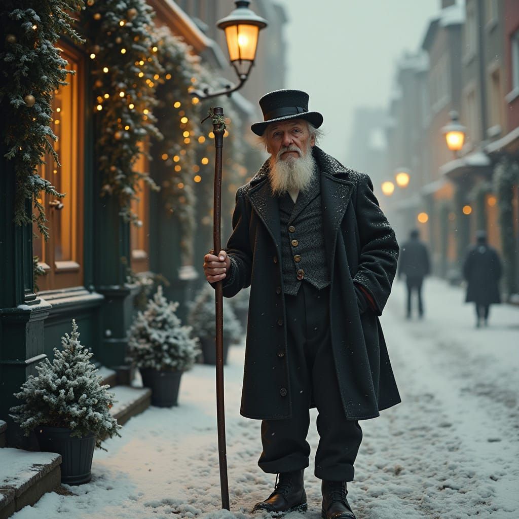 Elderly Chimney Sweep in Festive Victorian London
