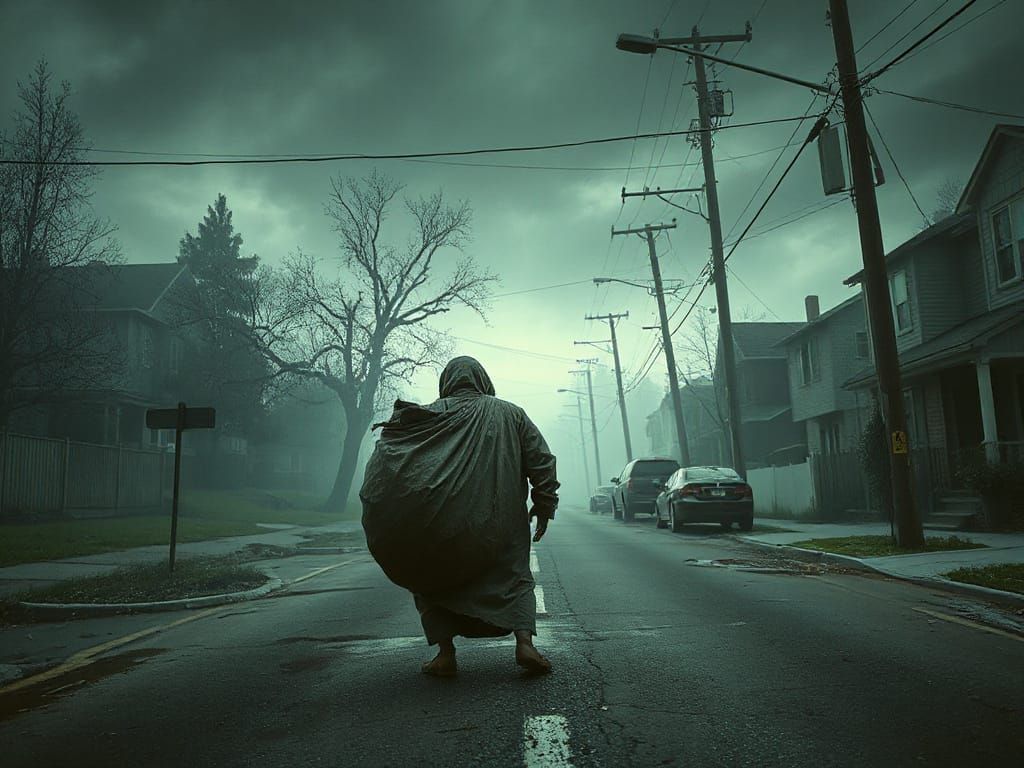 Eerie Horror Scene: Figure Drags Lumpy Sack Down Abandoned S...